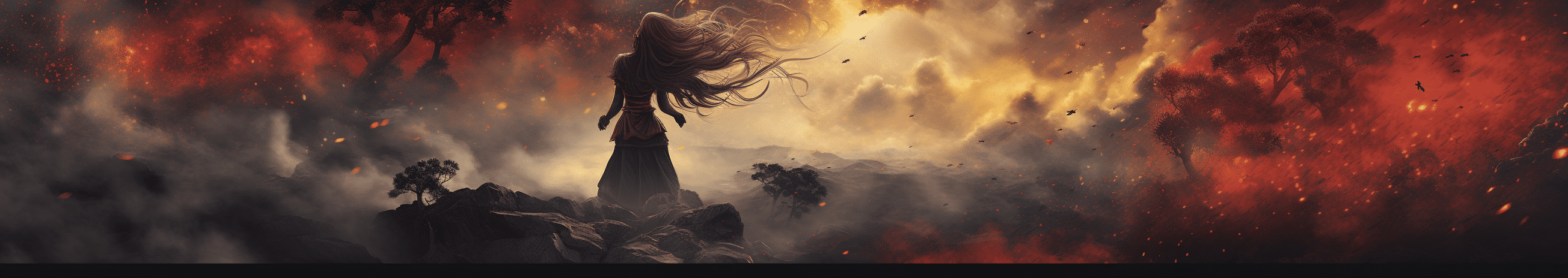 Fantasy banner image of a woman staring off into the horizon.
